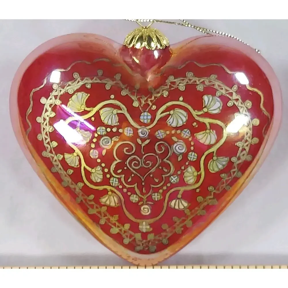 Li Bien Glass Ornament Heart Shaped Red Gold Handpainted w Original Gift Box VTG